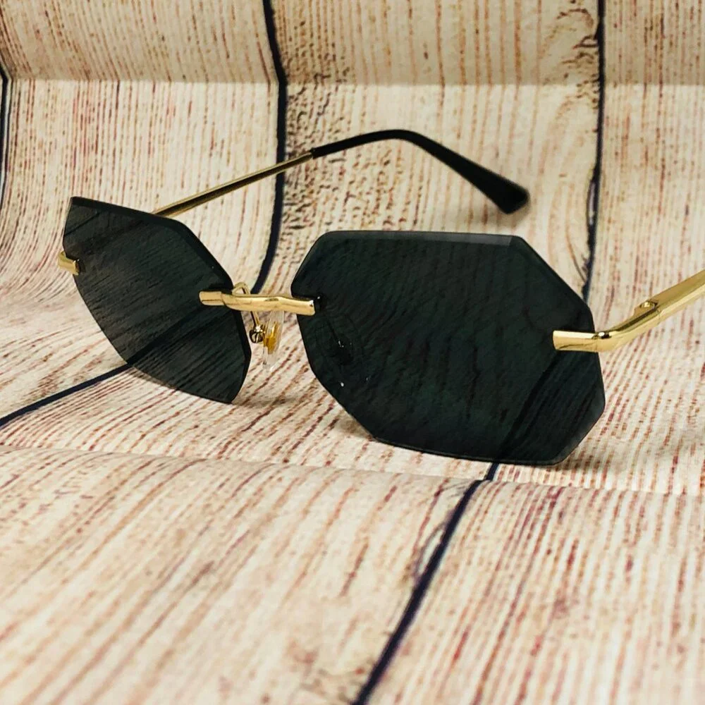Men Sunglasses Dark Black Lens‎ Rimless Fashion Retro Shades Gold Metal Lentes